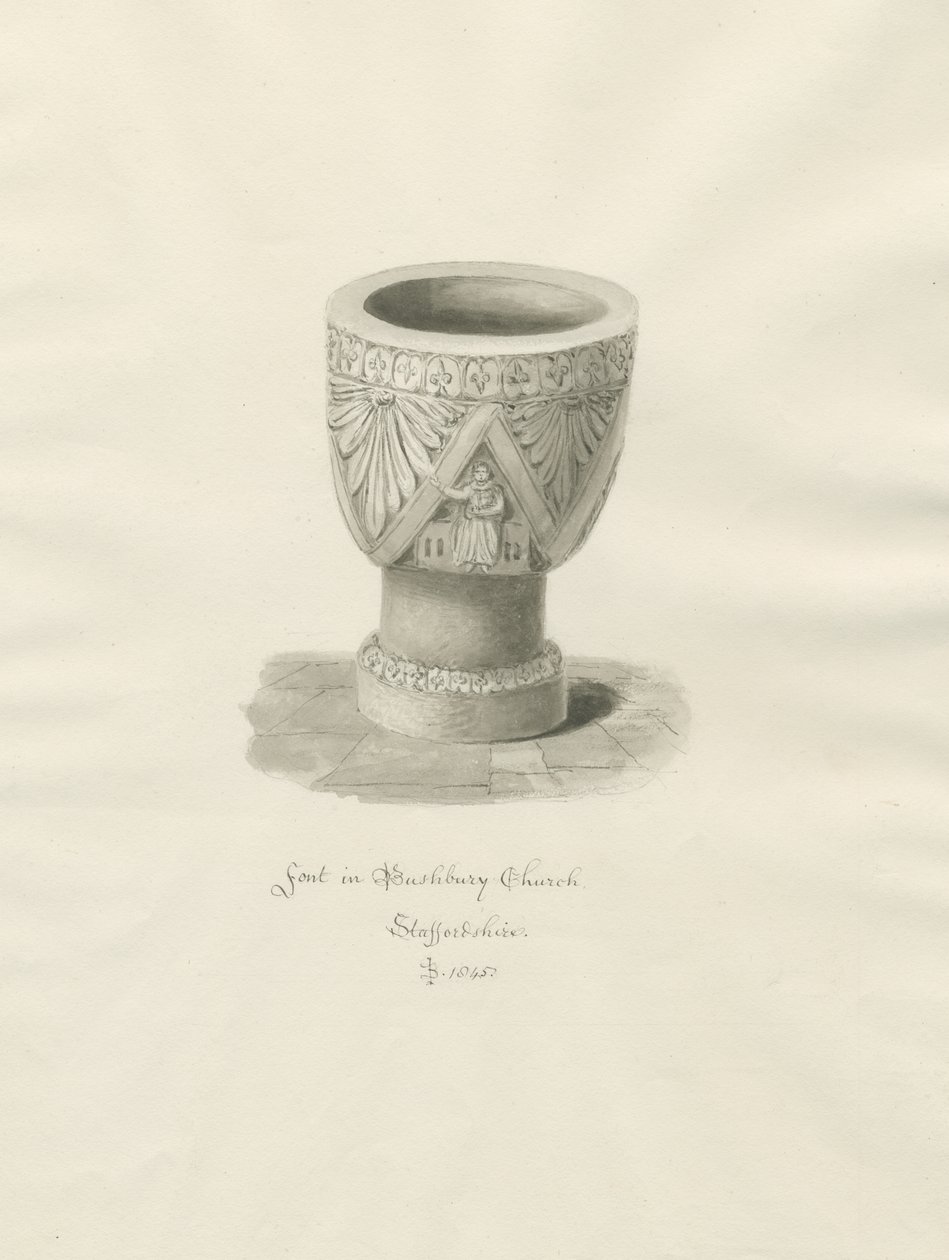 Font in Bushbury Church by John Buckler
