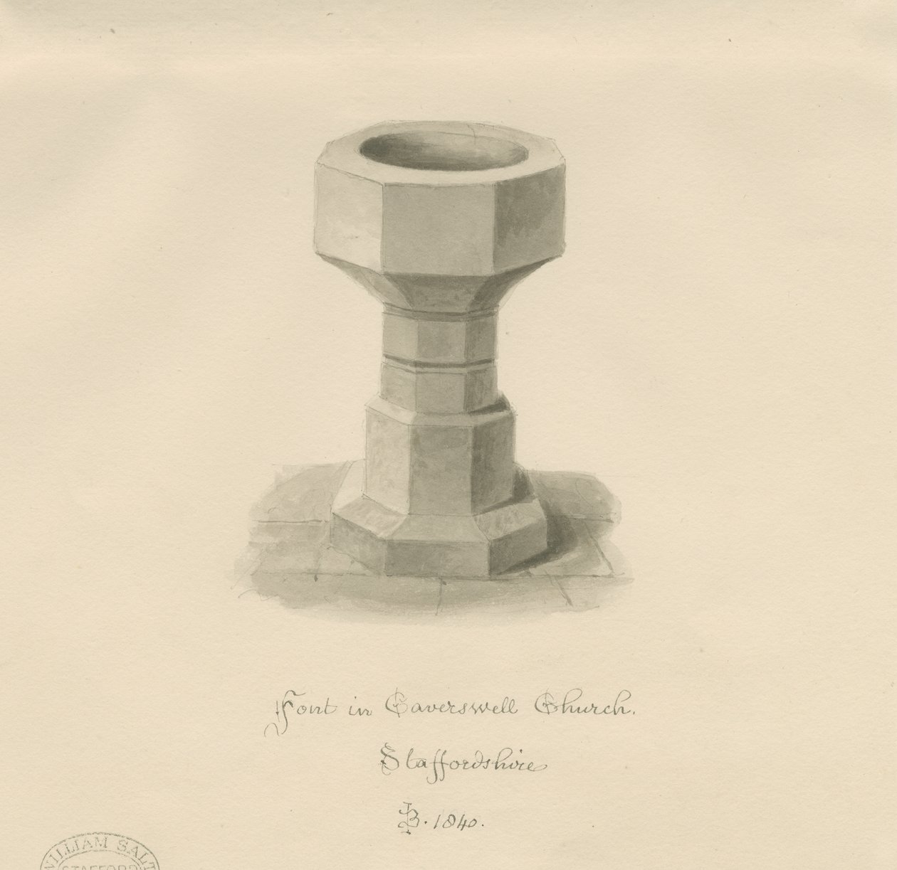 Font in Caverswall Church by John Buckler