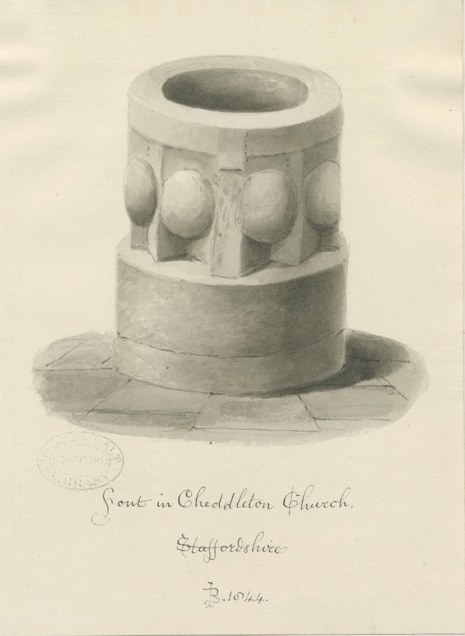 Font in Cheddleton Church by John Buckler