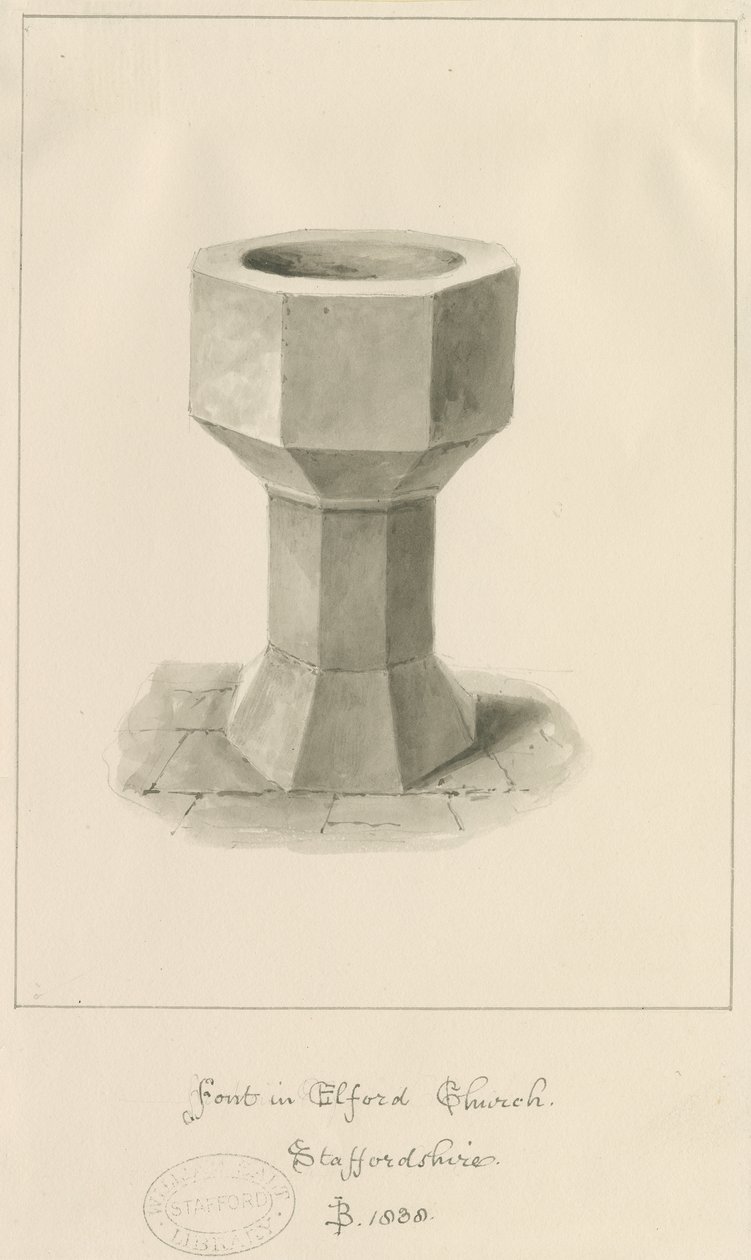 Font in Elford Church by John Buckler