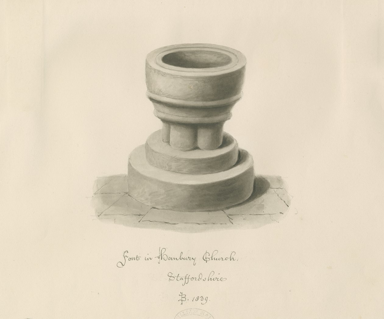 Font in Hanbury Church: sepia drawing by John Buckler