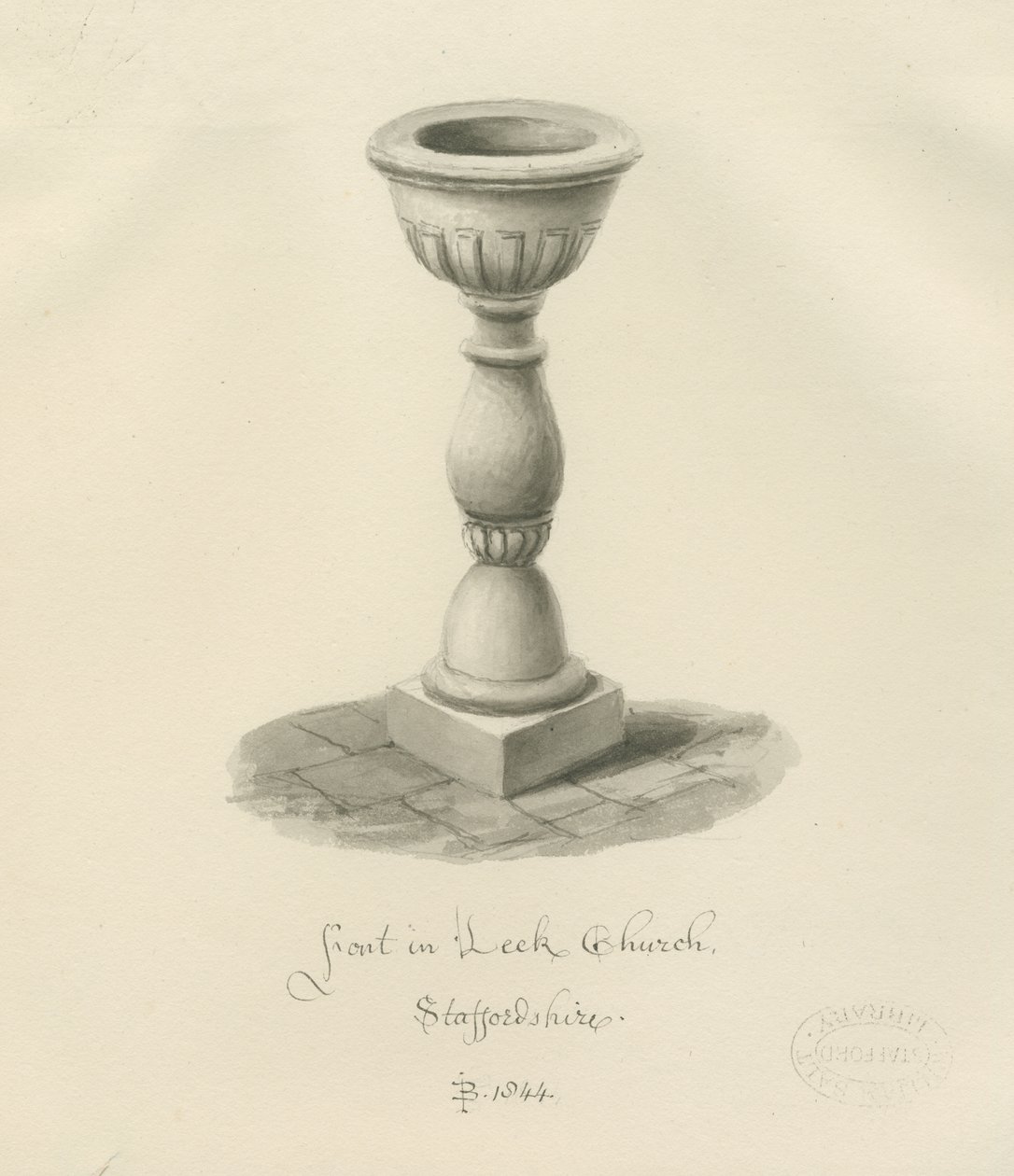 Font in Leek Church by John Buckler
