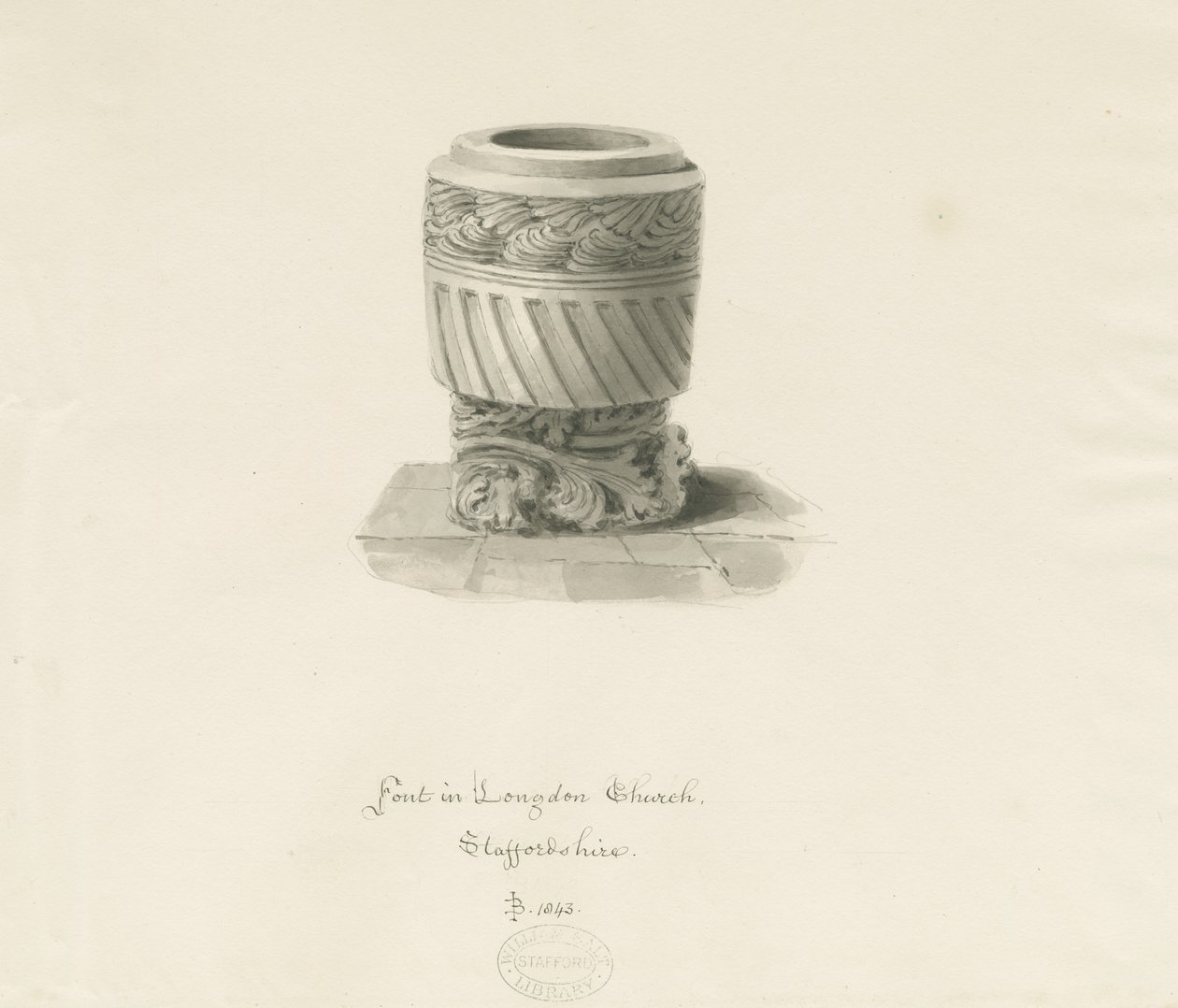 Font in Longdon Church: sepia drawing by John Buckler