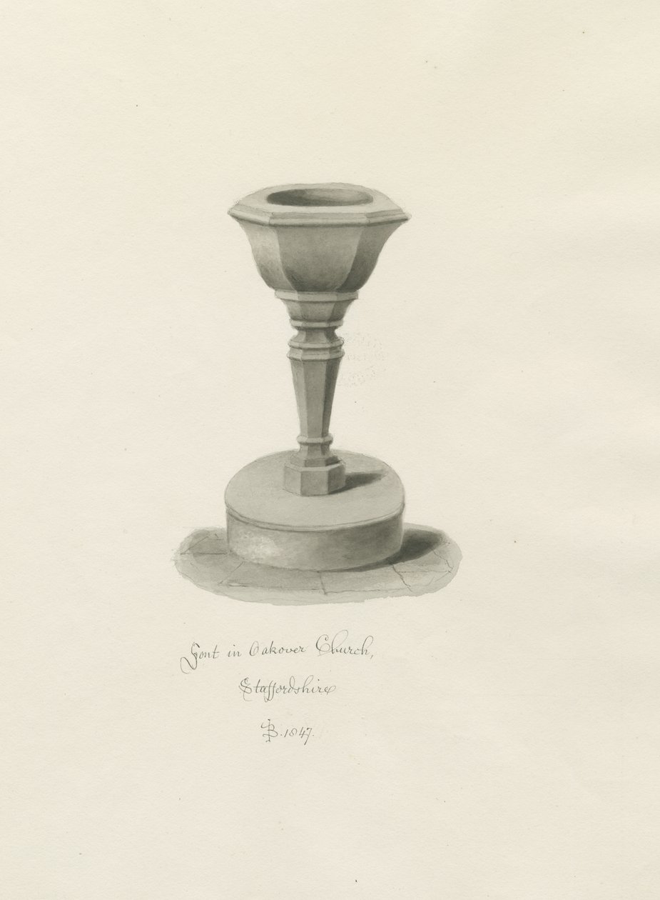 Font in Okeover Church by John Buckler