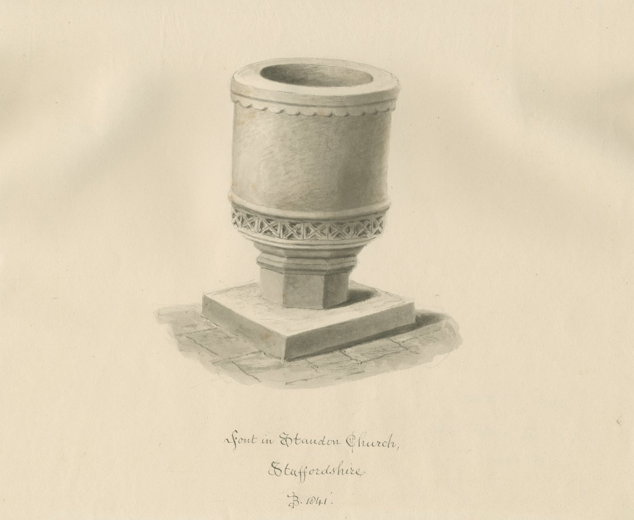 Font in Standon Church by John Buckler