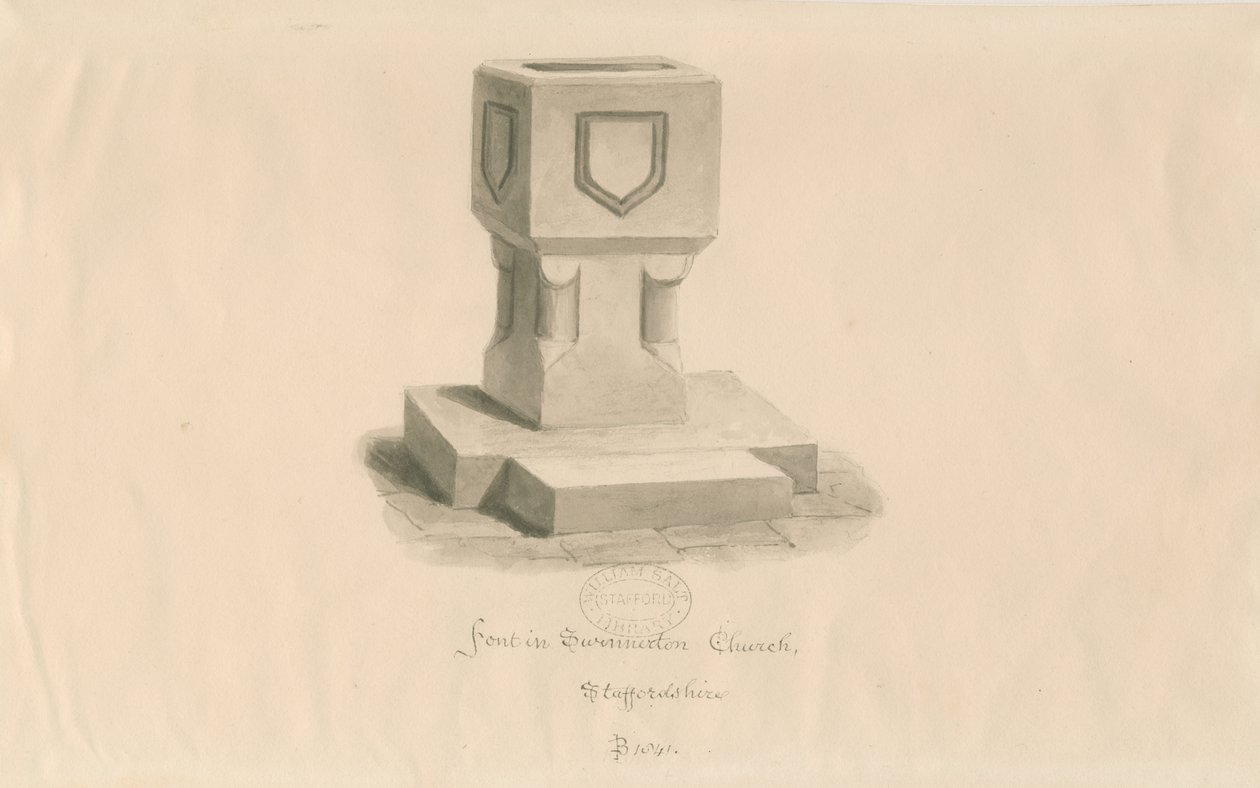 Font in Swynnerton Church by John Buckler
