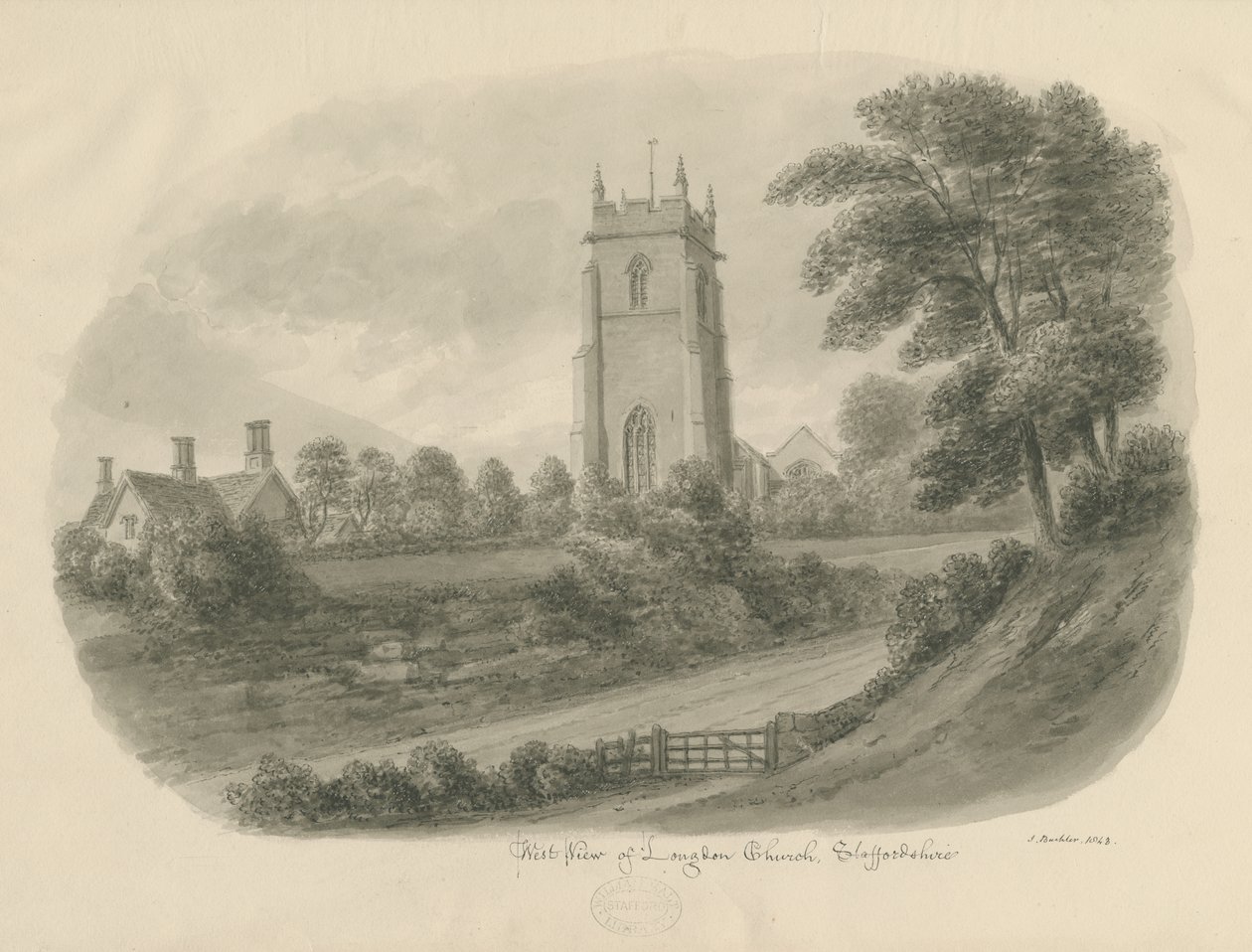 Longdon Church: sepia drawing by John Buckler