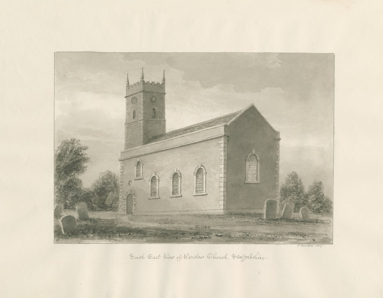 Warslow Church: sepia drawing by John Buckler