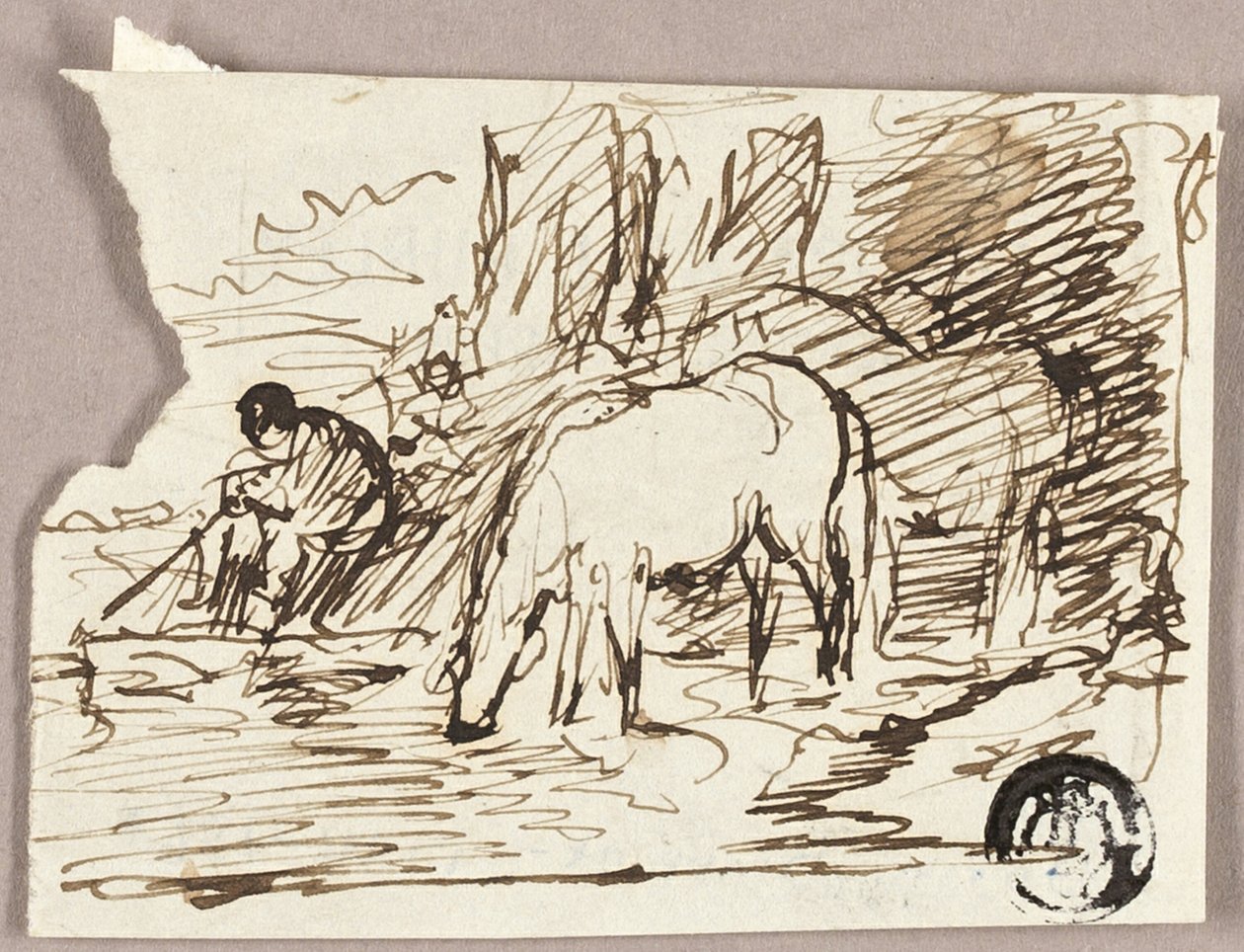 Sketch of Watering Horses and Fisherman by John Burnet