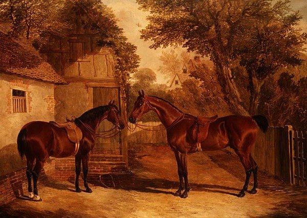 Bay Hunters Outside a Farmhouse by John Frederick Herring Senior