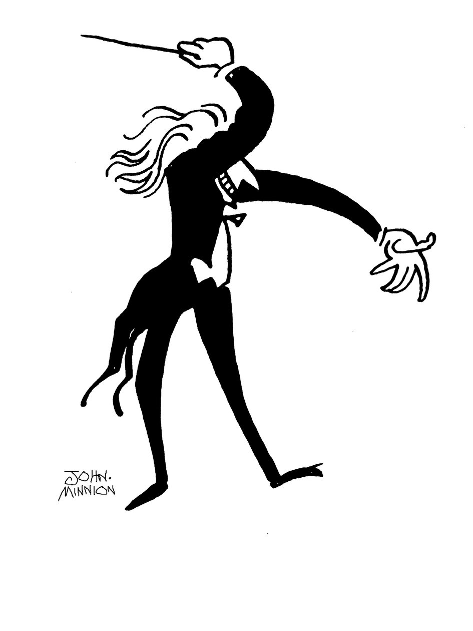 Caricature of a conductor dramatically conducting by John Minnion
