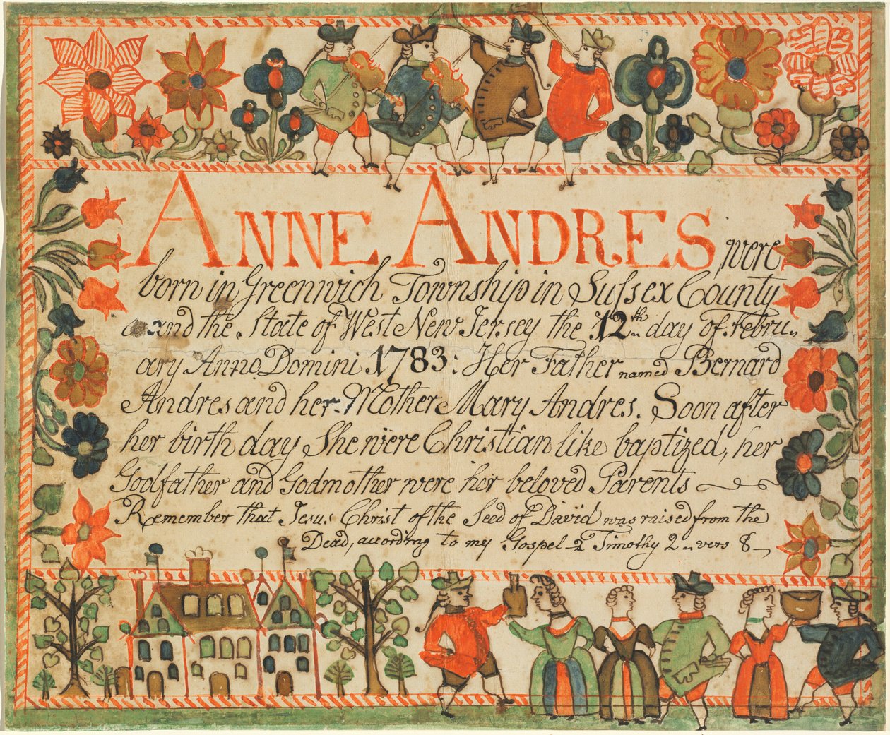 Birth and Baptismal Certificate of Anne Andres by John Spangenberg