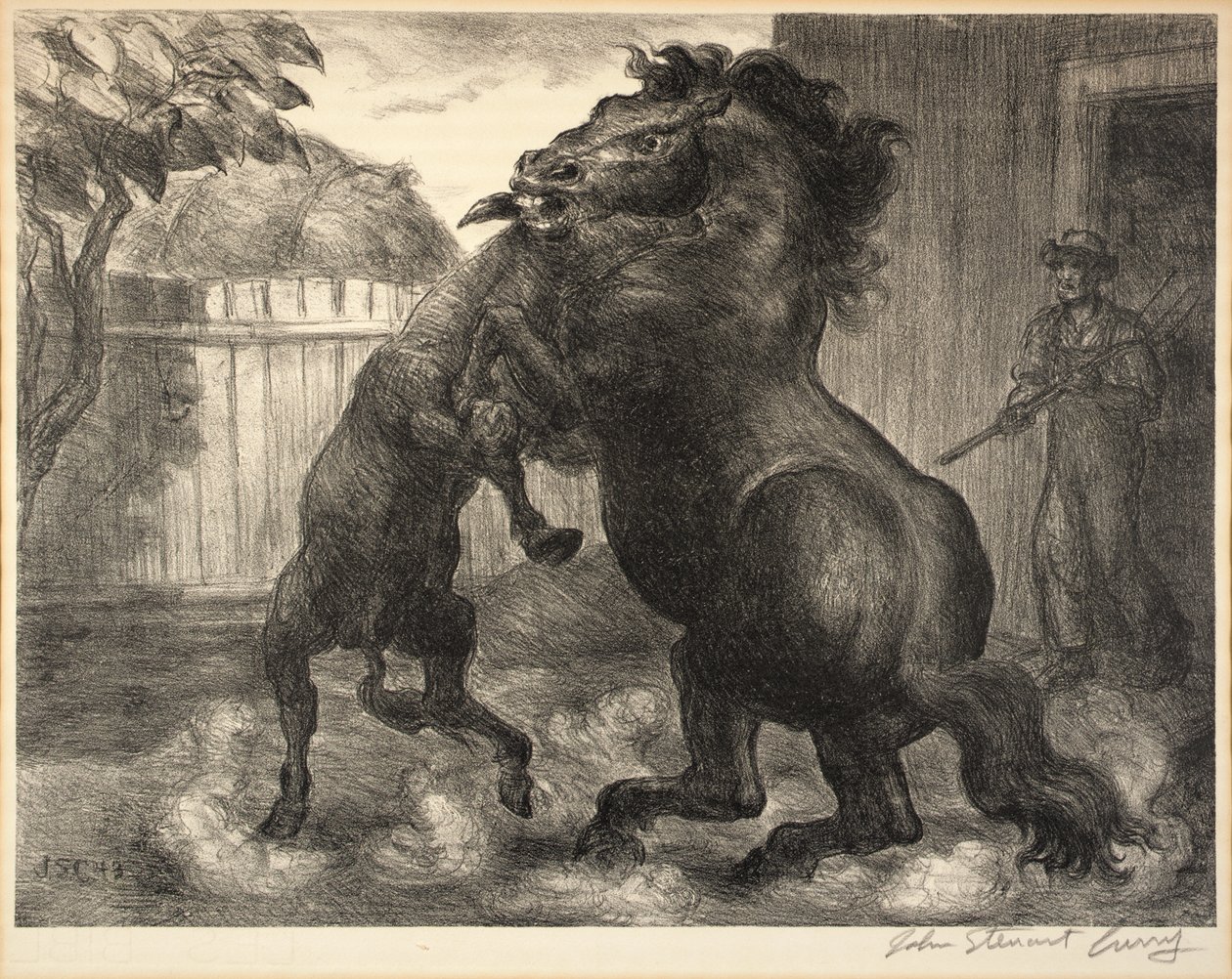 Stallion and Jack Fighting by John Steuart Curry