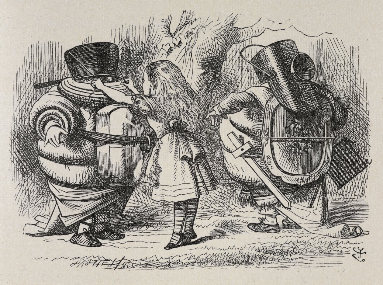 Alice dressing up Tweedledee and Tweedledum by John Tenniel