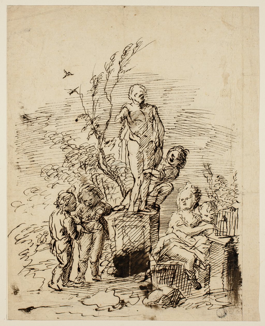 Children Playing near Statue in Garden by John Vanderbank