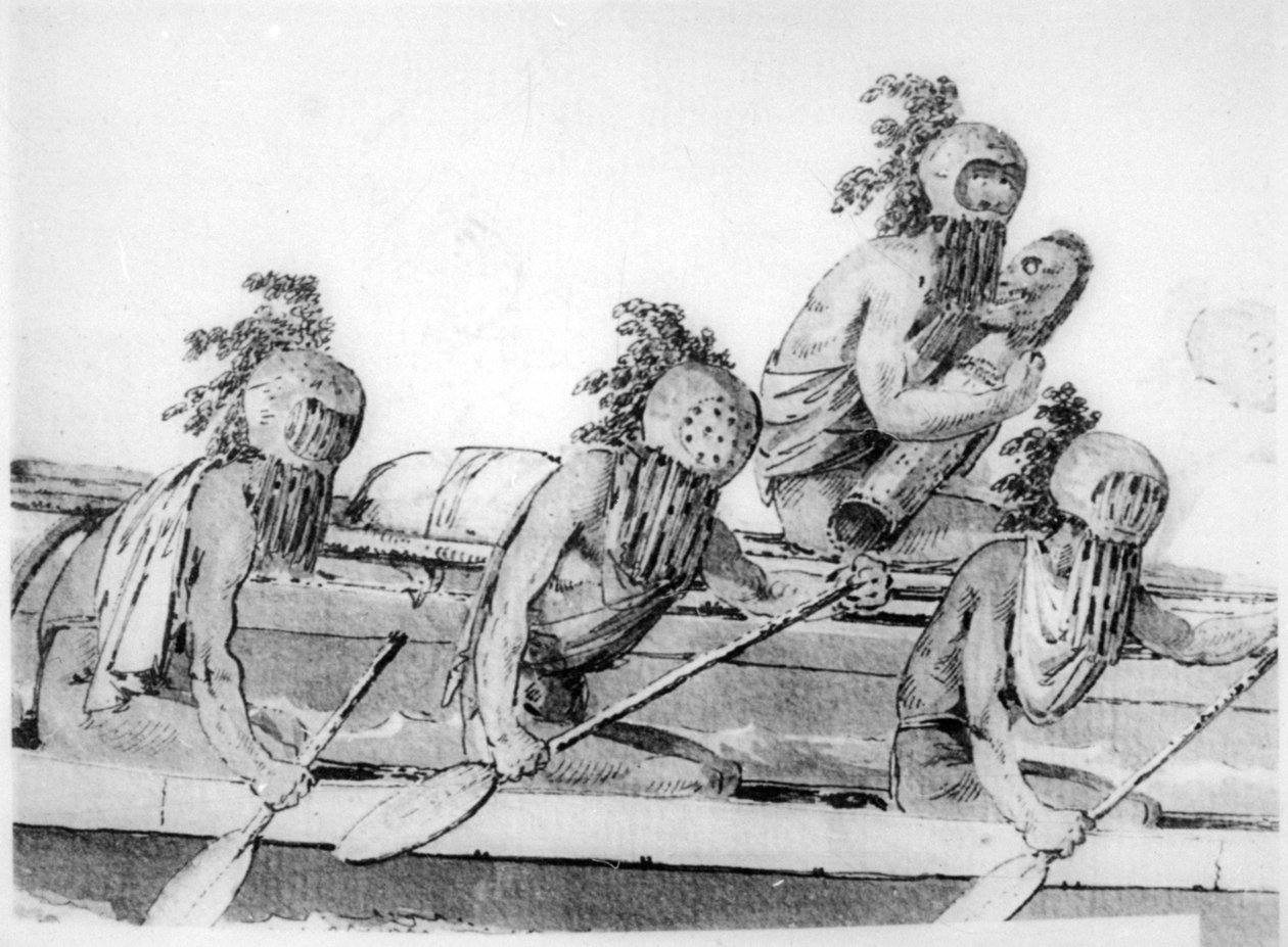 Double canoe with oarsmen, Hawaii by John Webber