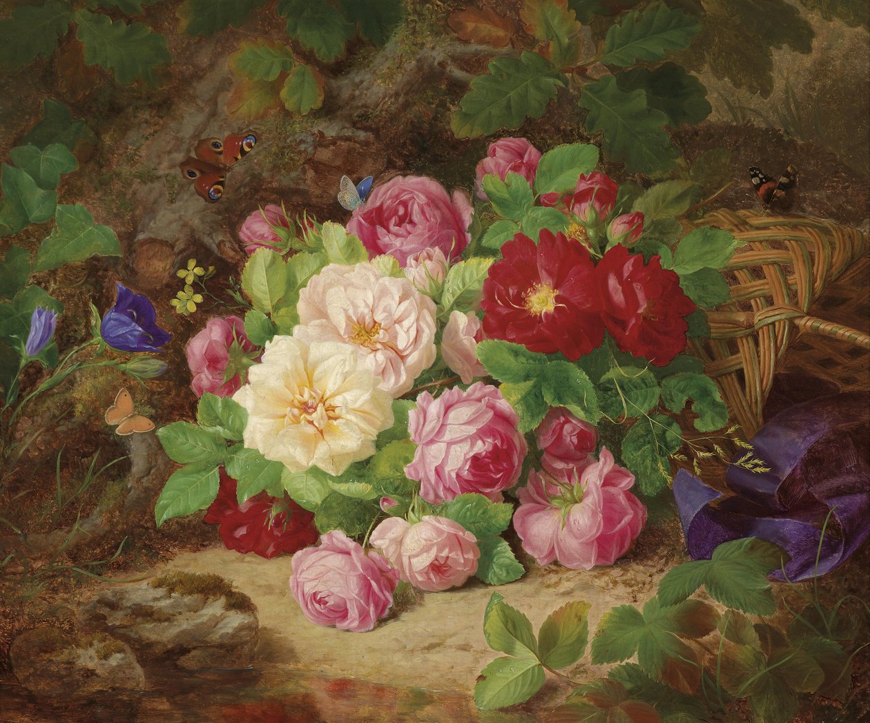 Rose Piece on Forest Floor with Butterflies, Basket and Blue Ribbon by Josef Lauer