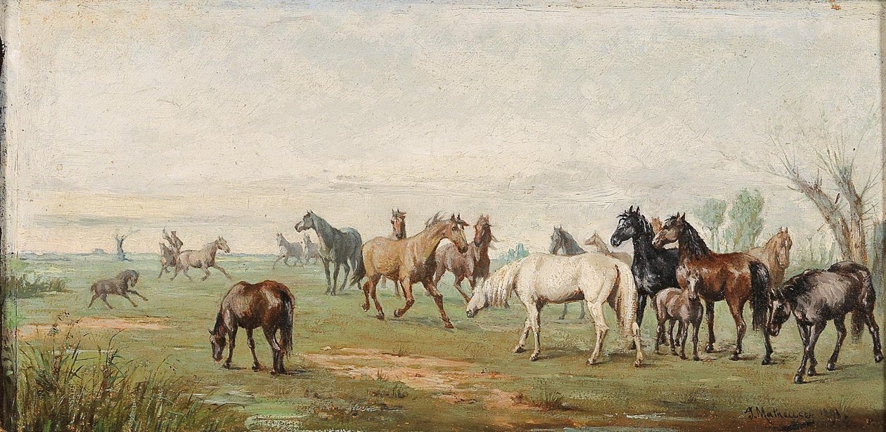Herd of Horses with Herdsman by Josef Mathauser