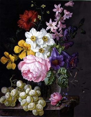 Roses, Narcissi and flowers in a vase by Josef Lauer