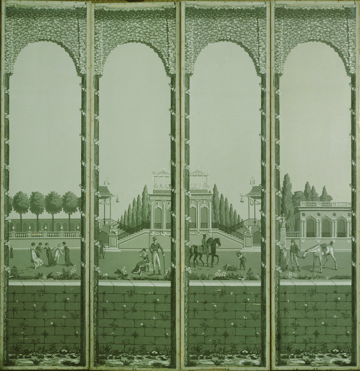 Block-printed monochrome four panelled screen depicting figures in an ornamental garden by Joseph Dufour