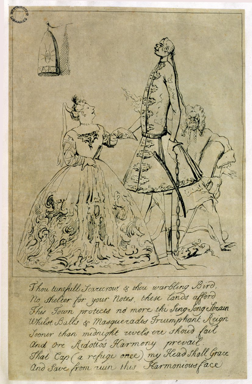 Thou Tuneful Scarecrow and Thou Warbling Bird, caricature of Farinelli, Cuzzoni and Heidegger, said to have been etched from a design by the Countess of Burlington by Joseph Goupy