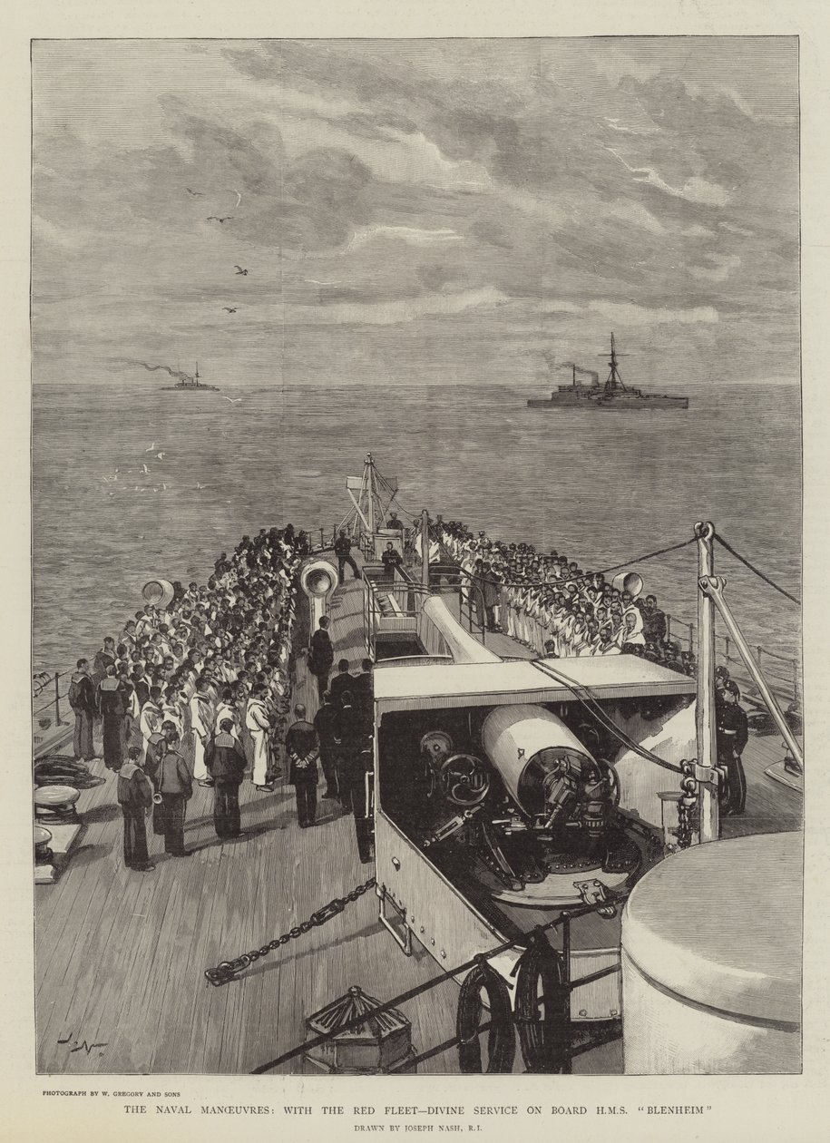 The Naval Manoeuvres, with the Red Fleet, Divine Service on Board HMS Blenheim by Joseph Nash