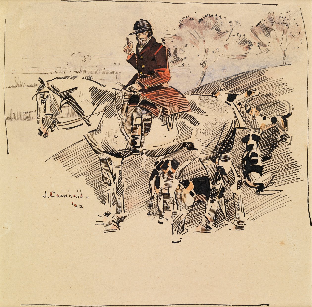 Huntsman on Horseback and Foxhounds by Joseph Crawhall