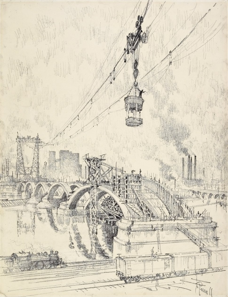 Building the Bridge, Minneapolis by Joseph Pennell