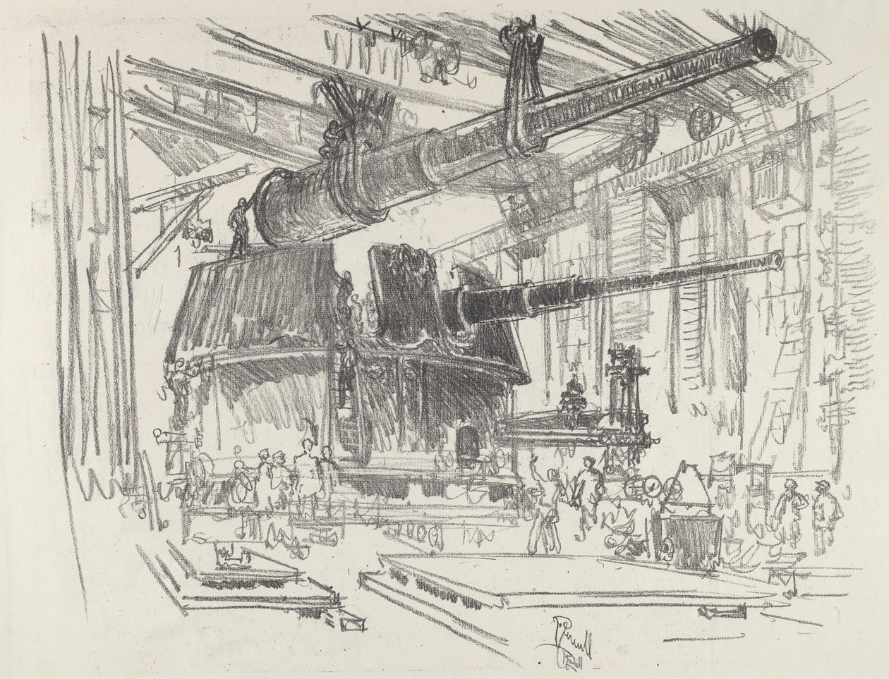 Fitting Guns in Turrets, 1916 by Joseph Pennell