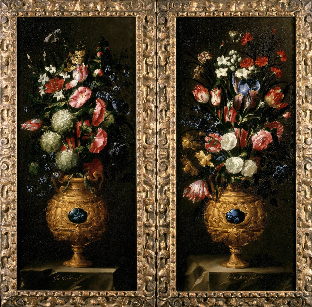Pair of Still Lives of Flowers in Decorative Gold Vases with Lapiz Cartouches by Juan de Arellano