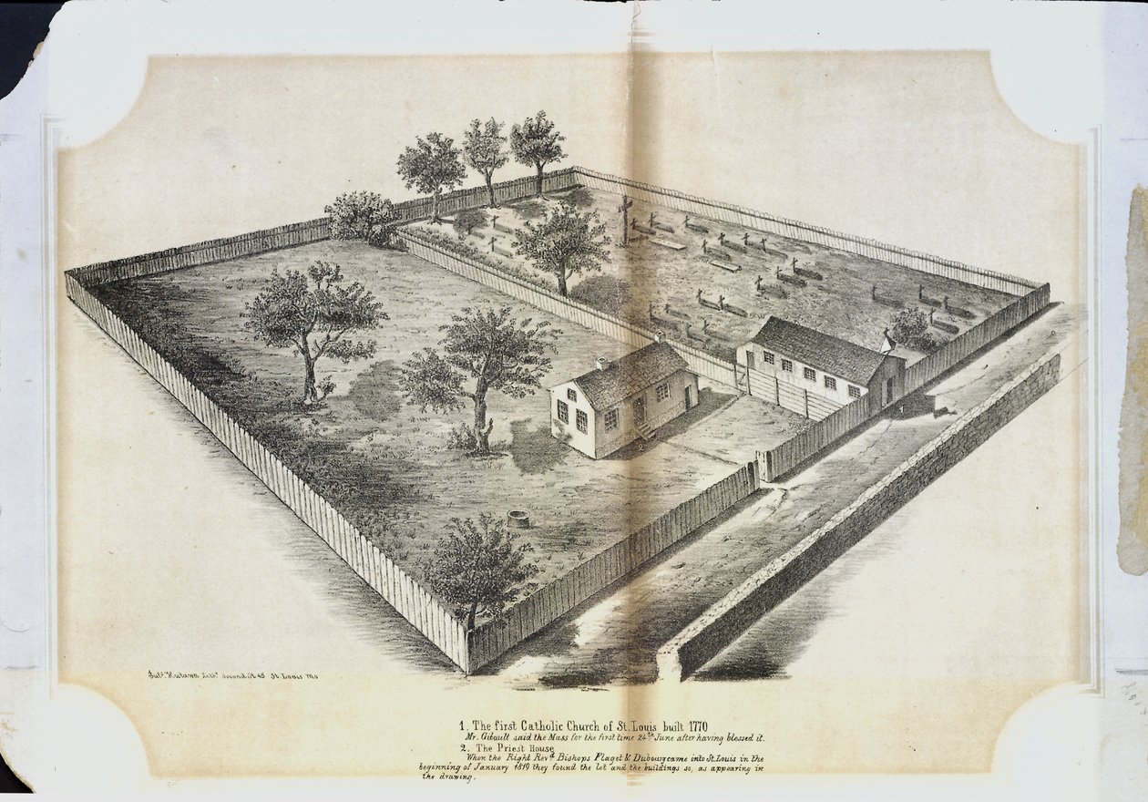 The First Catholic Church in St. Louis Built 1770. Mr. Gibault Said the Mass for the First Time 24th June After Having Blessed It by Julius Hutawa Co.