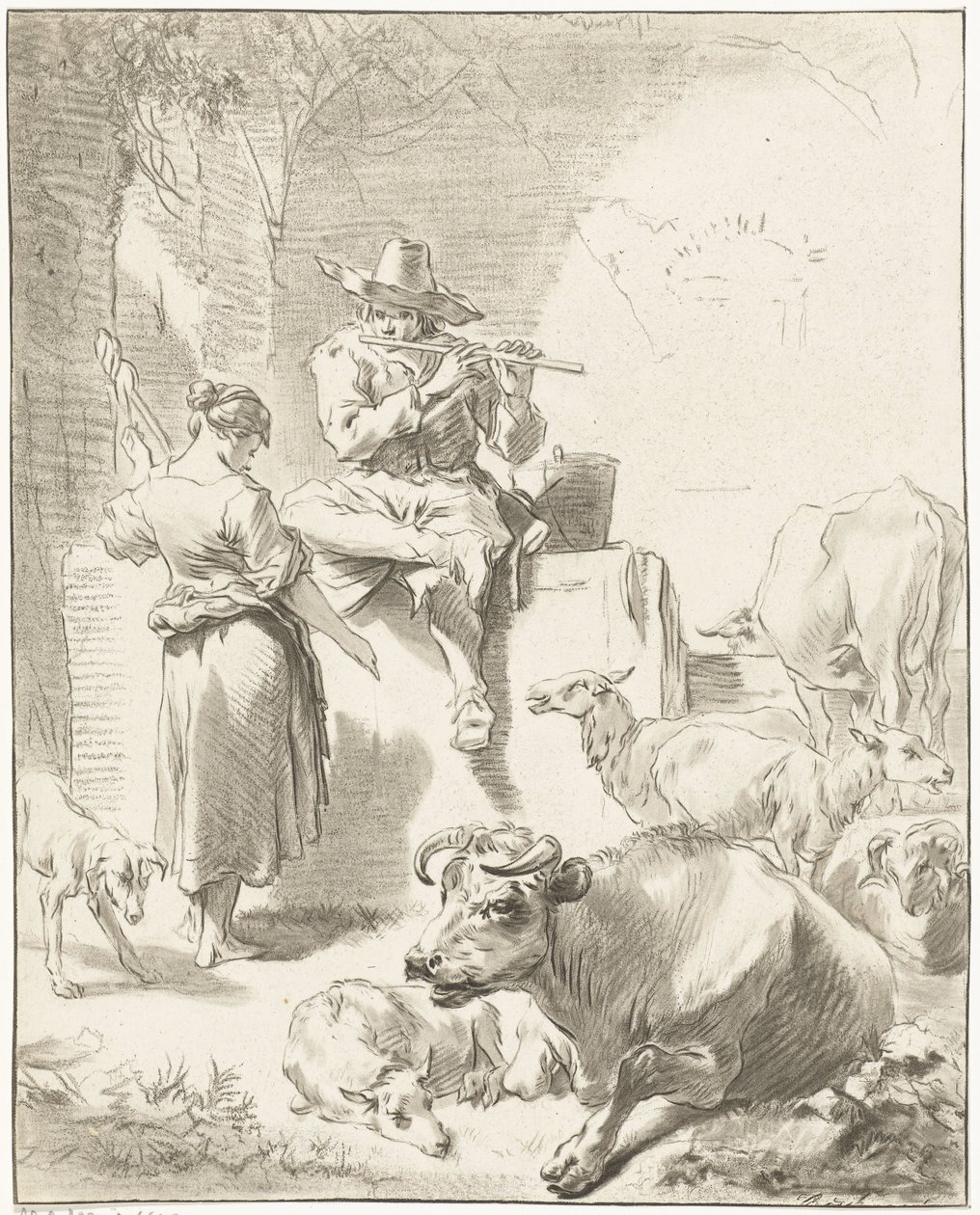 Shepherd Playing the Flute and Shepherdess Spinning by Jurriaan Cootwijck