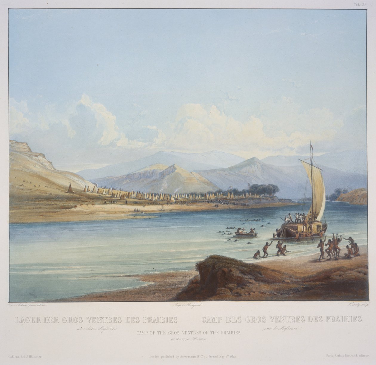 Camp of the Gros Ventres of the Prairies on the Upper Missouri, engraved by S. Himely, published in 1841 by Karl Bodmer