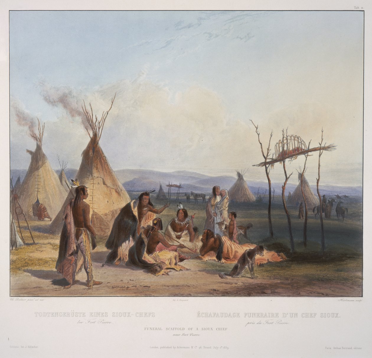 Funeral Scaffold of a Sioux Chief Near Fort Pierre, engraved by J. Hurliman, published in 1839 by Karl Bodmer