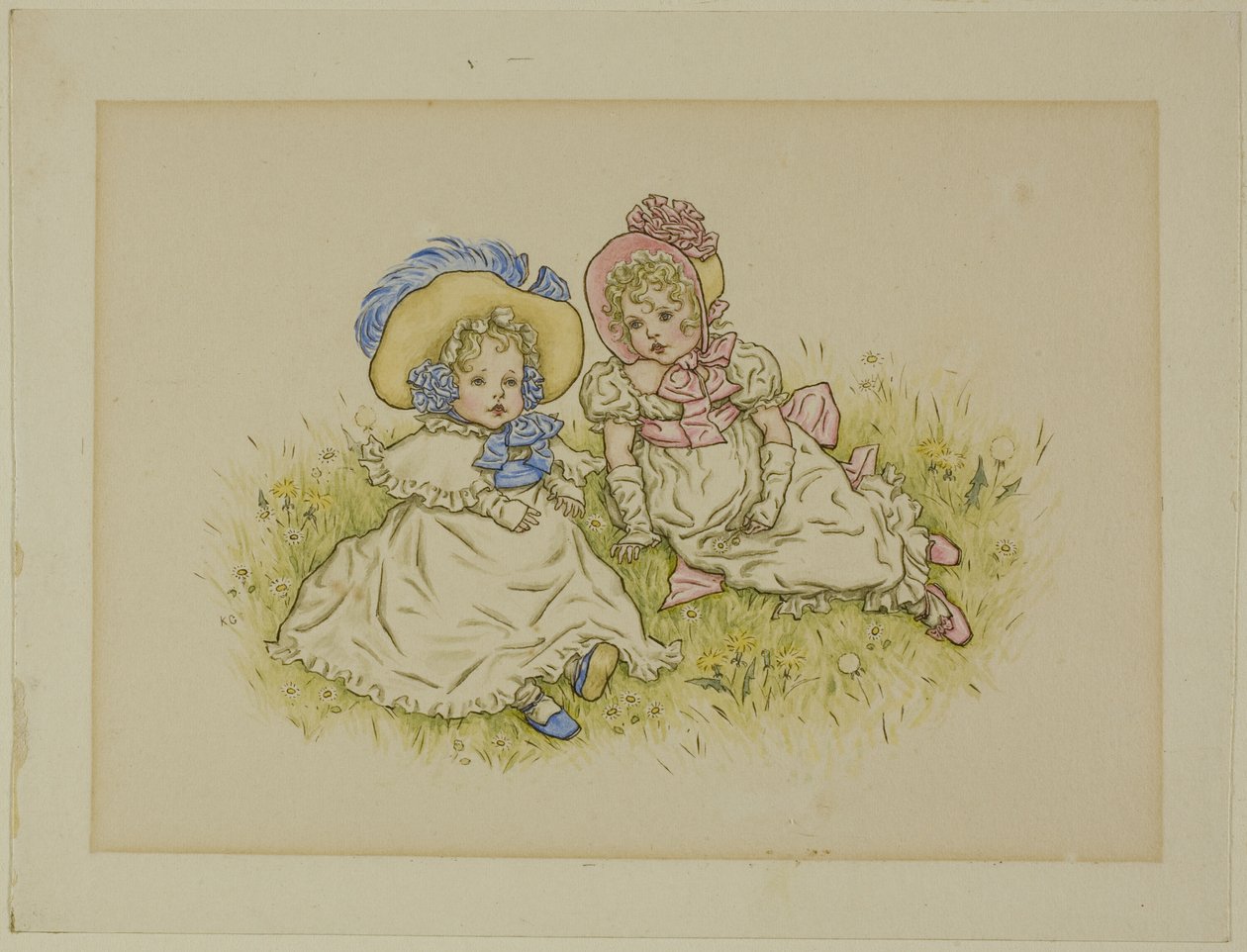 Two Little Girls with Bonnets by Kate Greenaway