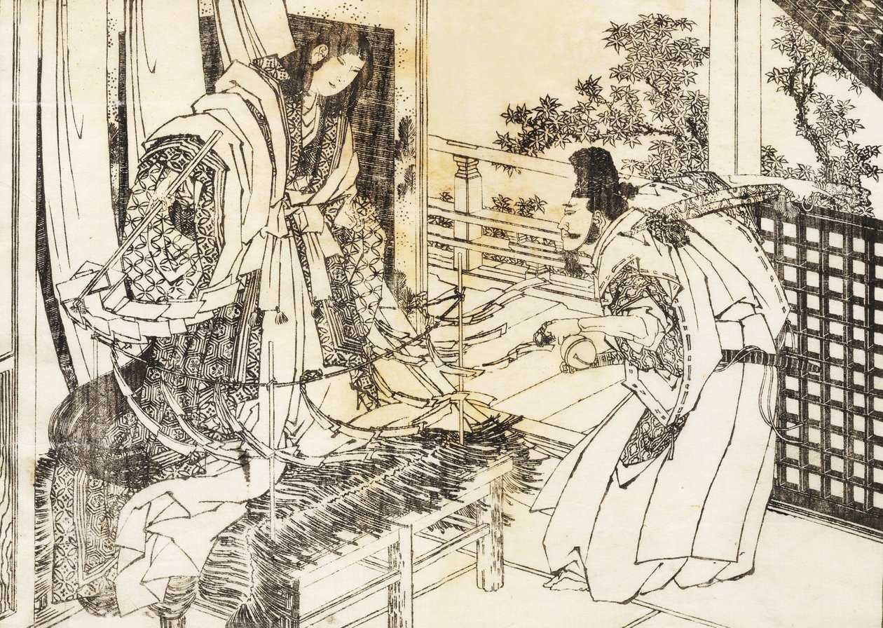 A Woman in Shinto Shrine Has a Stick with a Lot of Paper Leaves by Katsushika Hokusai