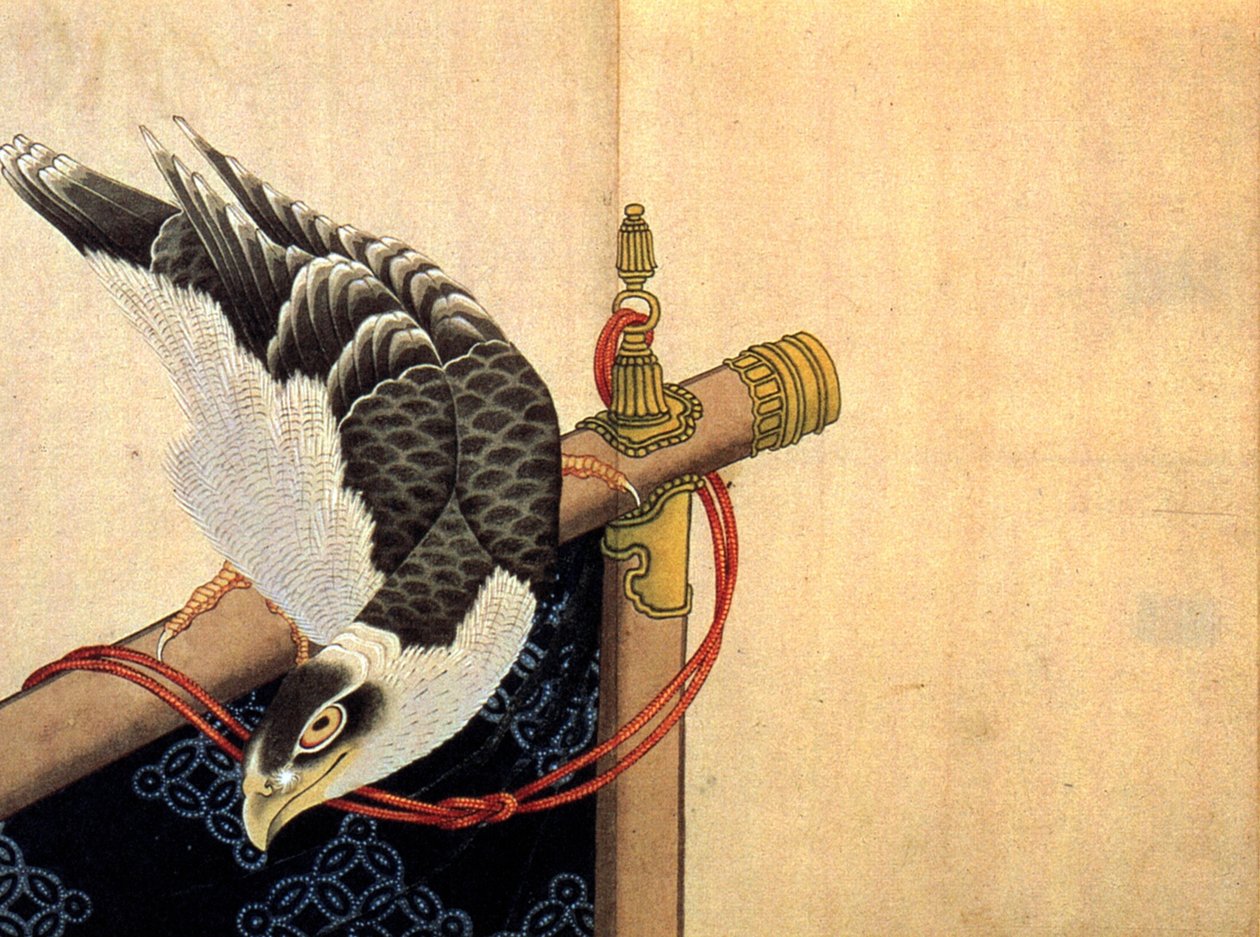 Hawk on a ceremonial stand by Katsushika Hokusai
