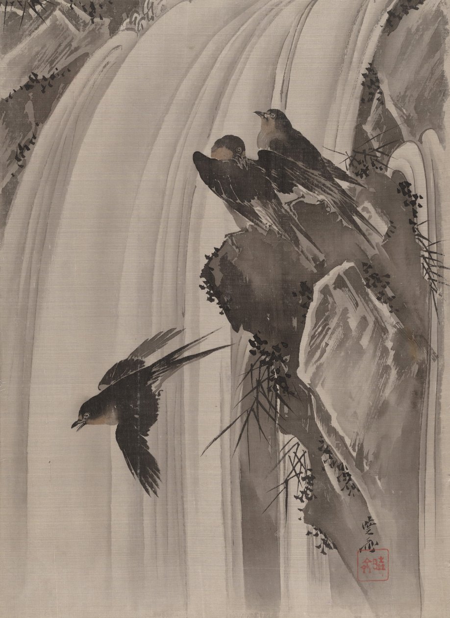 Swallows by a Waterfall, ca. 1887 by Kawanabe Kyosai