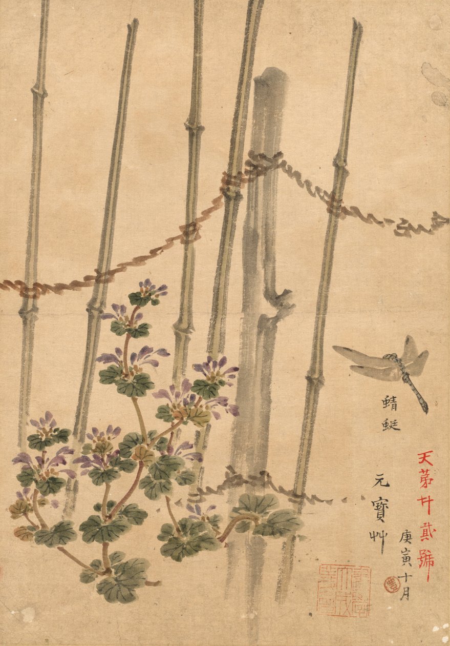 Bamboo Fence and Chrysanthemums by Kono Bairei