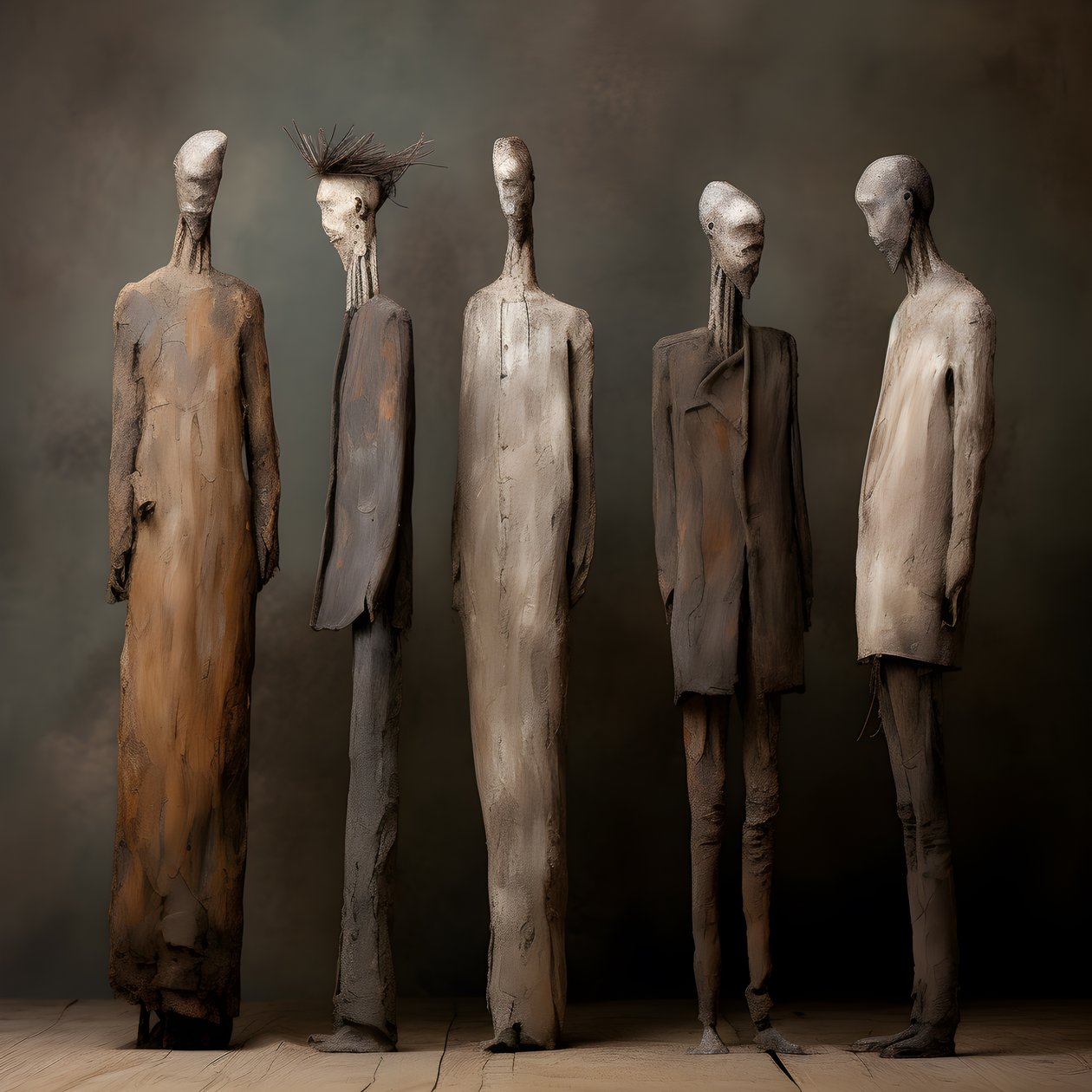 Four Clay Figures of Men Standing Side by Side 2 by Kurt Heppke
