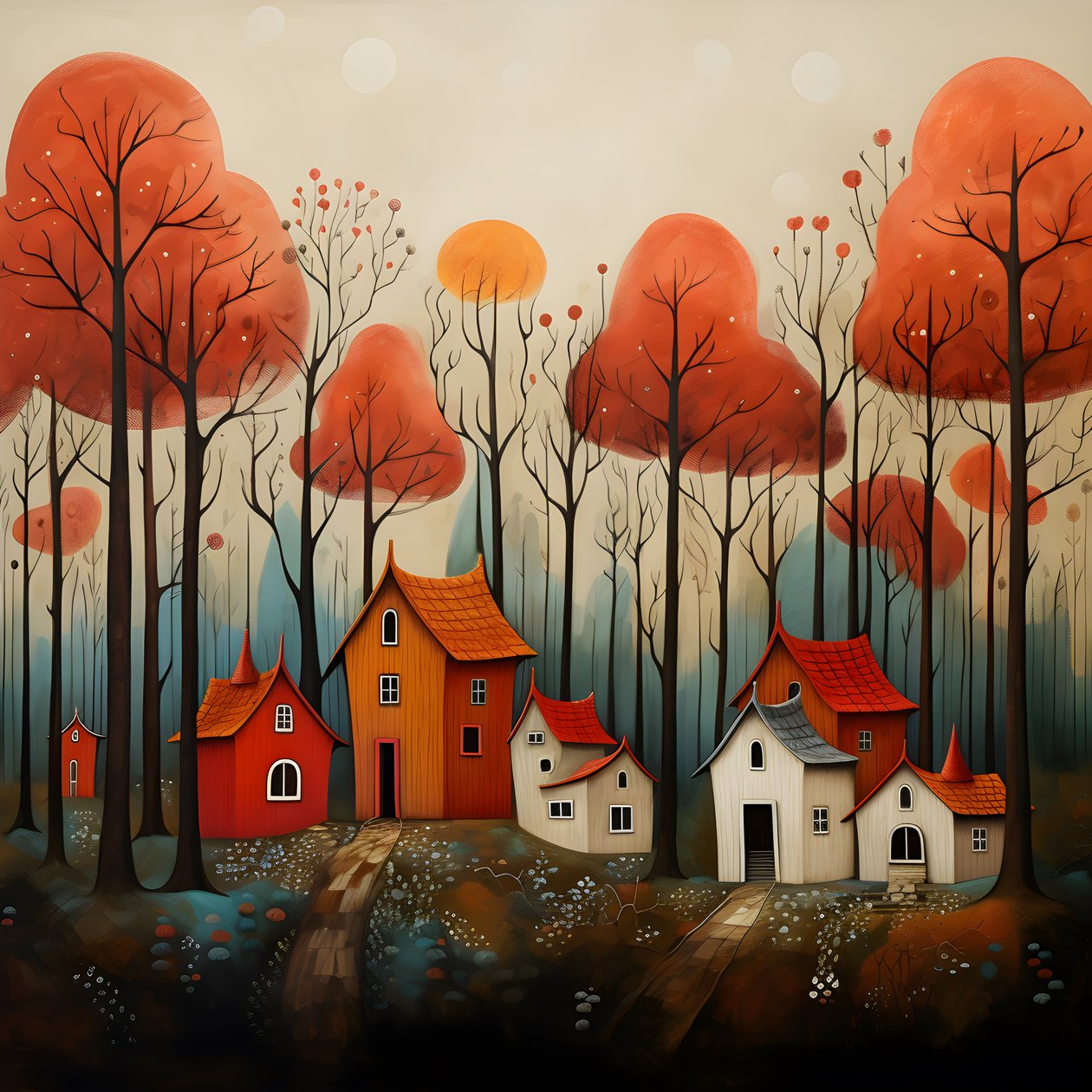 Four Red Houses in the Forest 1 by Kurt Heppke