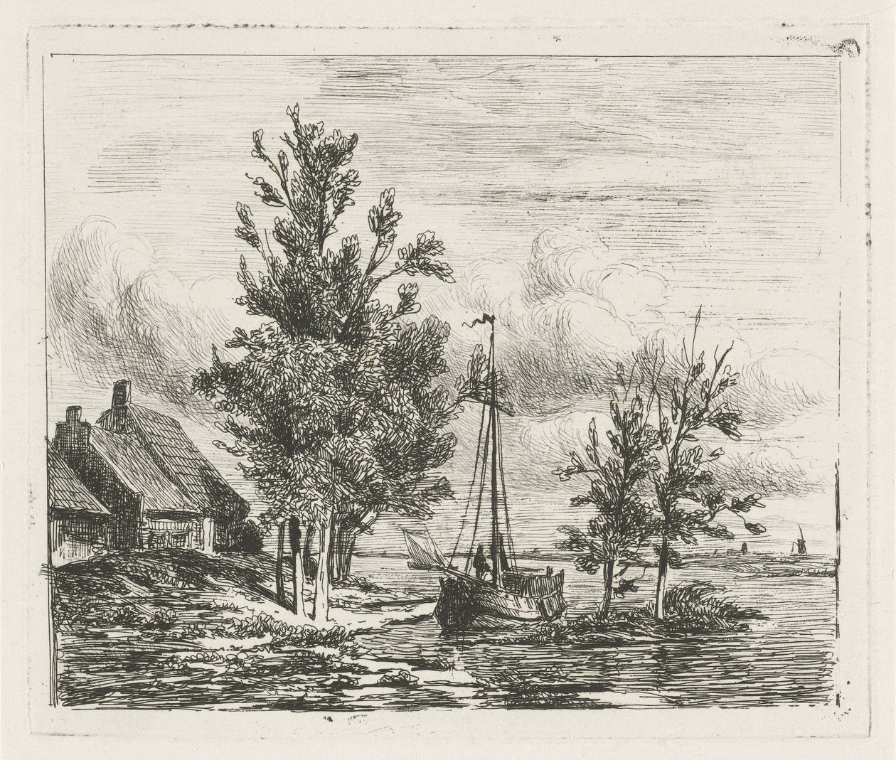 River Landscape with Sailboat and Farm by Lambertus  Hardenberg