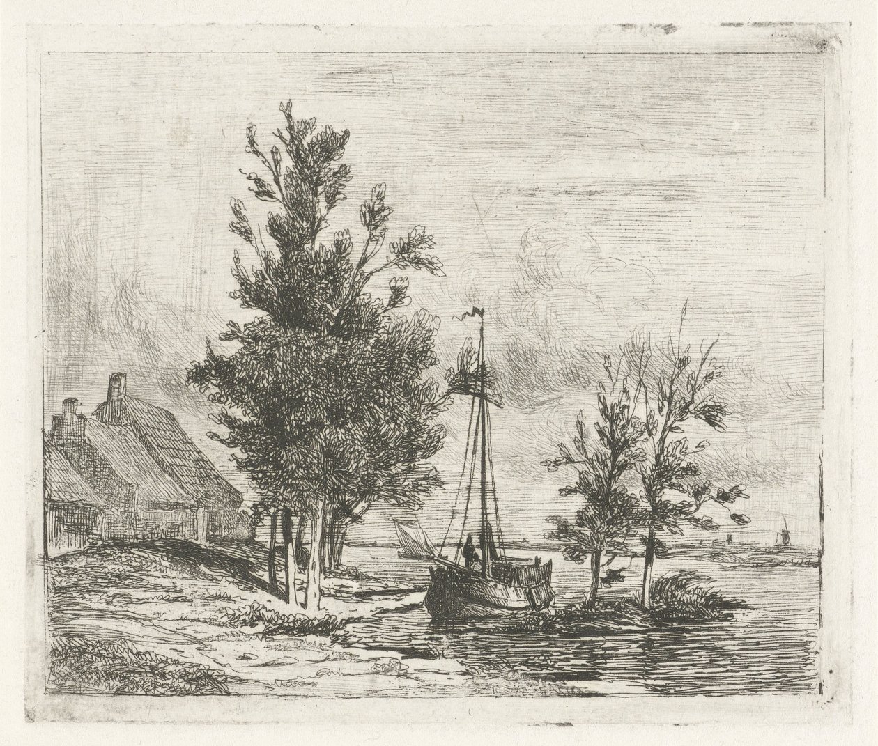 River Landscape with Sailboat and Farm by Lambertus  Hardenberg