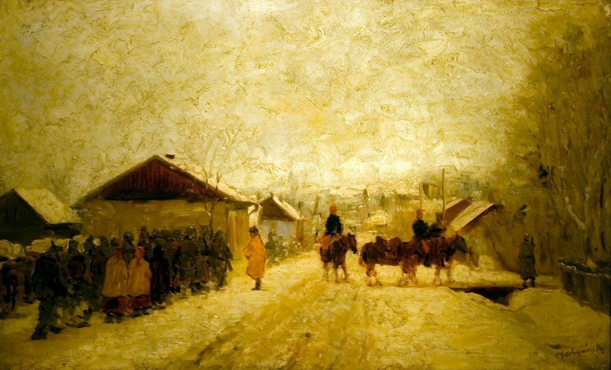 Marching Soldiers in Winter Landscape by Laszlo Mednyanszky