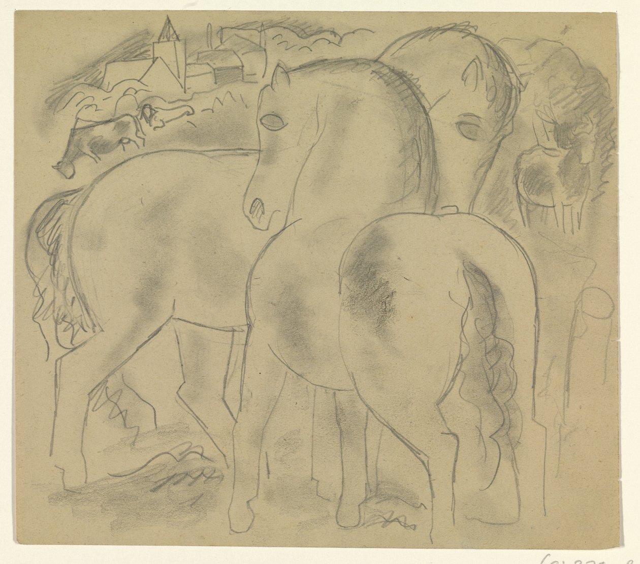 Two Horses in a Landscape with Cows by Leo Gestel