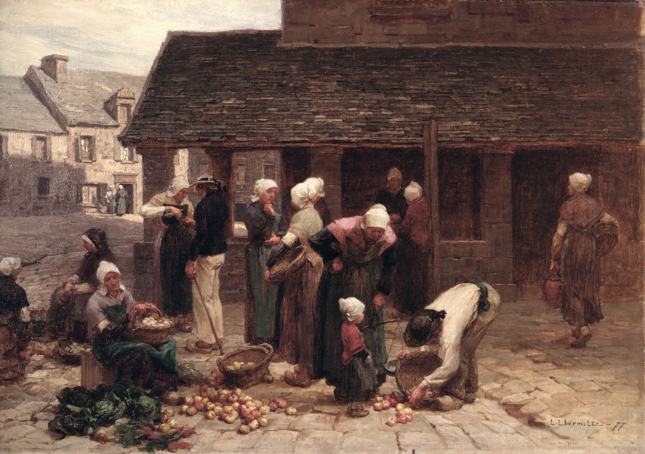 The Market Place of Ploudalmezeau, Brittany by Leon Augustin Lhermitte