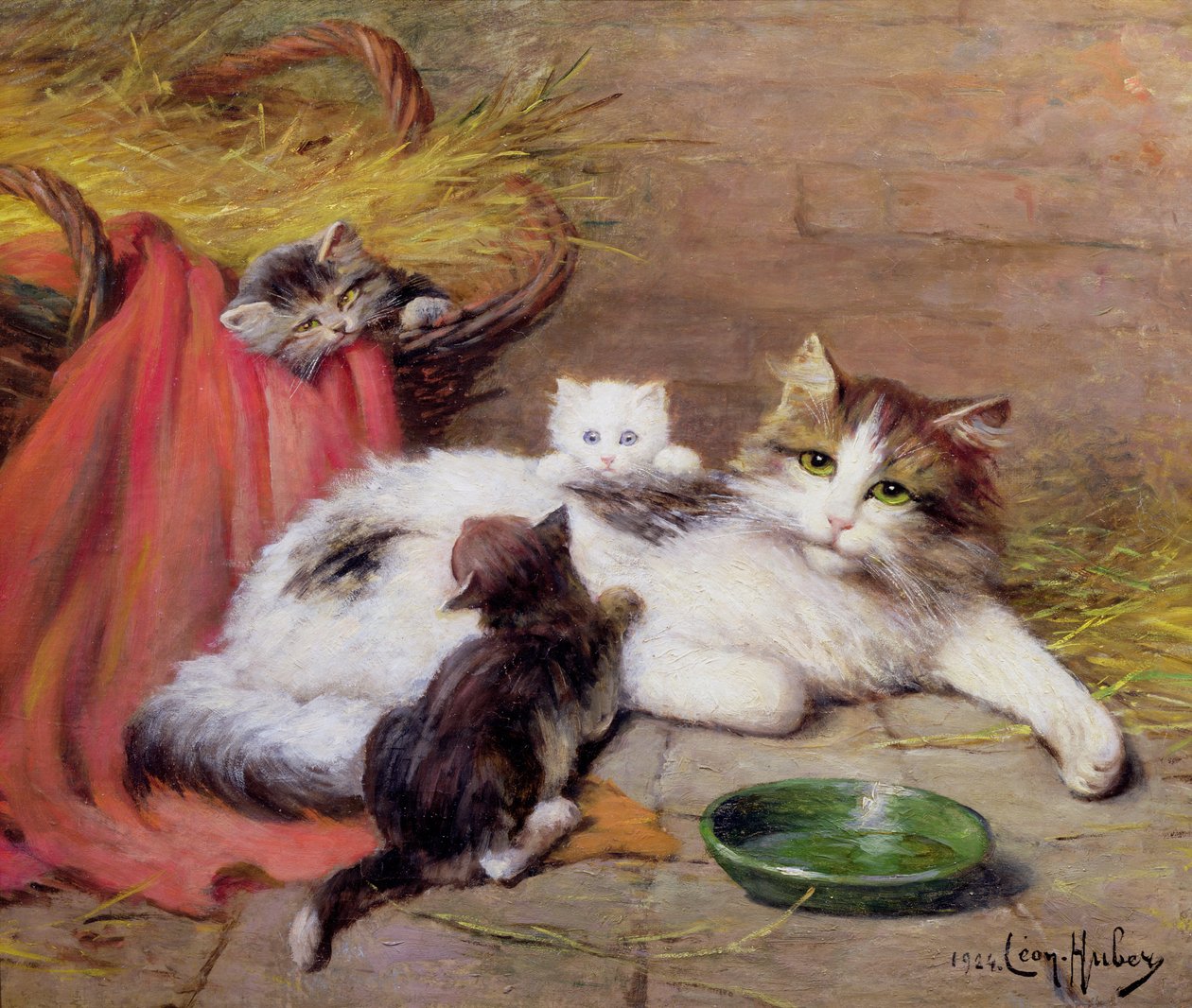 Cat with kittens, 1924 by Leon Charles Huber