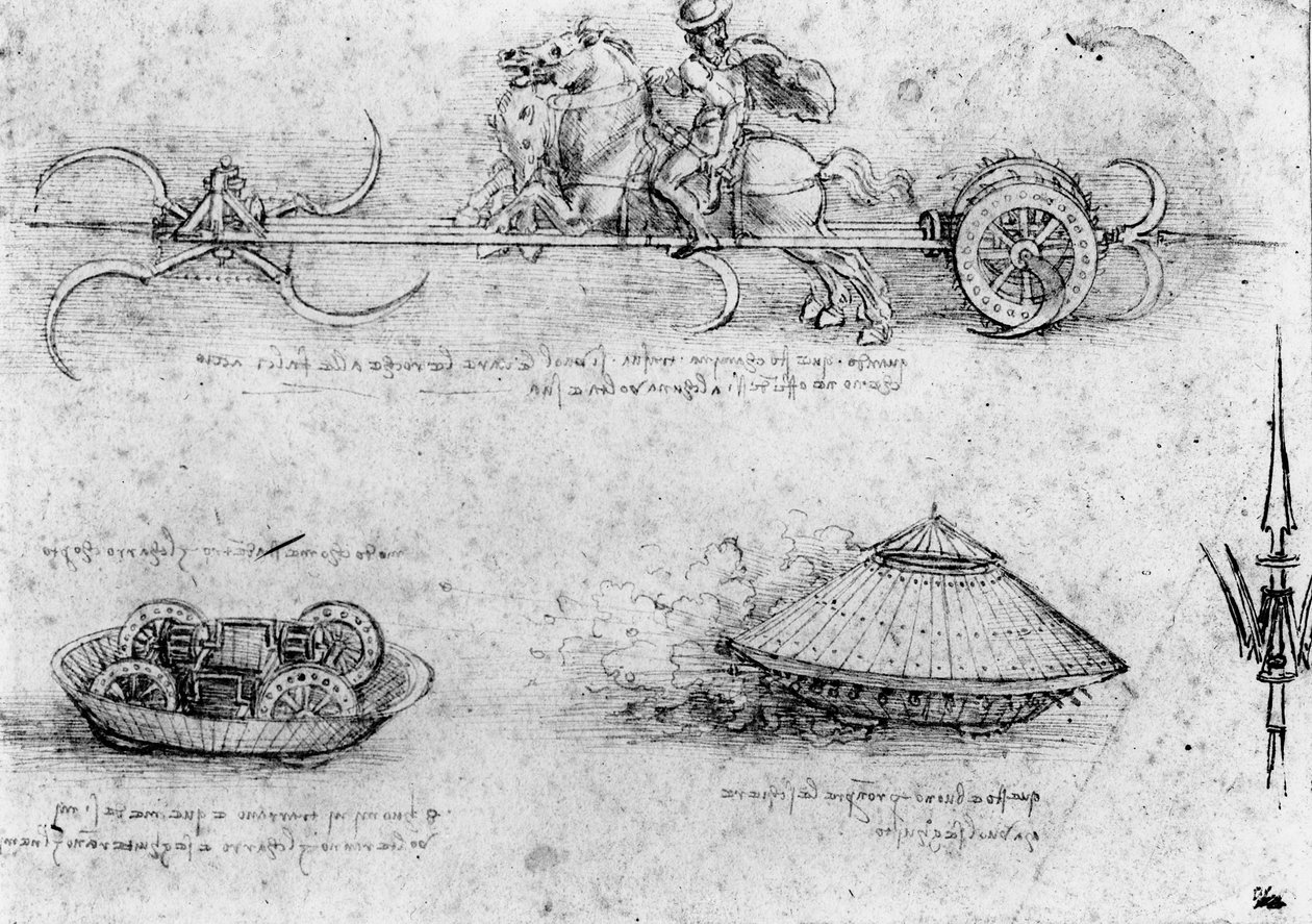 Studies of military tank-like machines; including one at the top with horses pulling a contraption with revolving scythes by Leonardo da Vinci