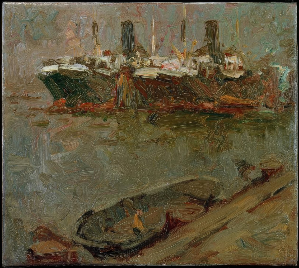 Barge at the Pier, Two Passenger Steamers in the Background by Leonhard Sandrock