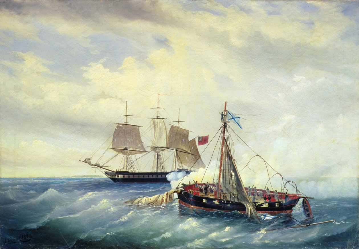 Battle between the Russian ship Opyt and a British frigate, off the coast of Nargen Island, 11th June 1808 by Leonid Demyanovich Blinov